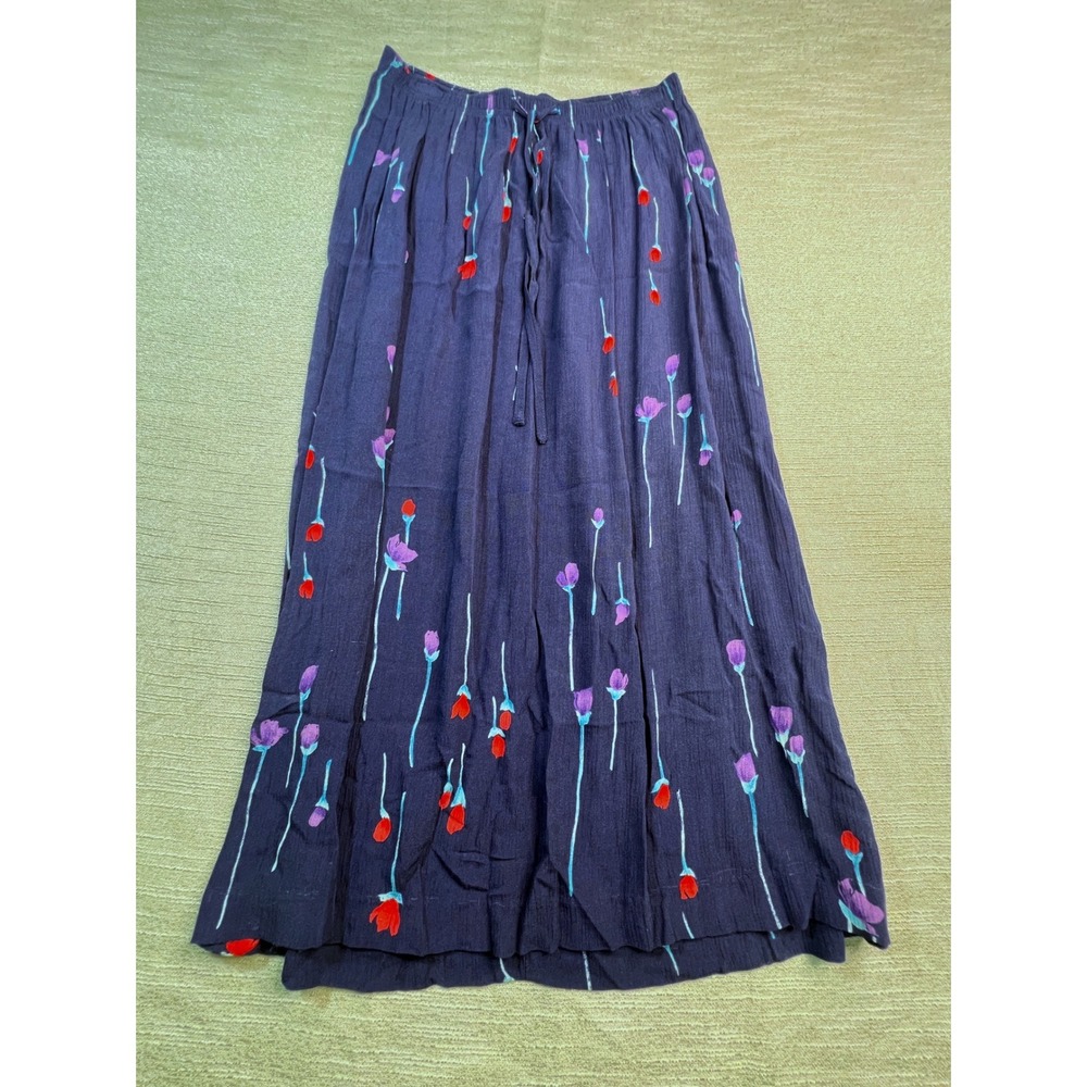 Whimsical Floral Tulip Print Blue Rayon Crepe Maxi Skirt L Cottagecore Grunge